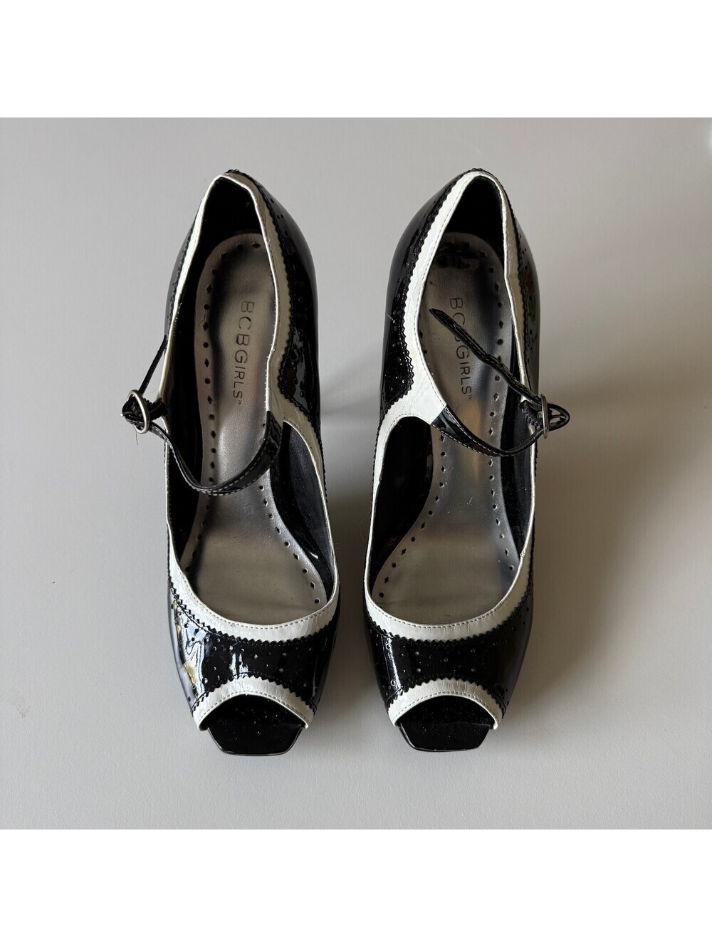 BCBGirls Peep Toe Mary Jane Buckle Pumps Women's 8.5 Black Patent Retro Pinup